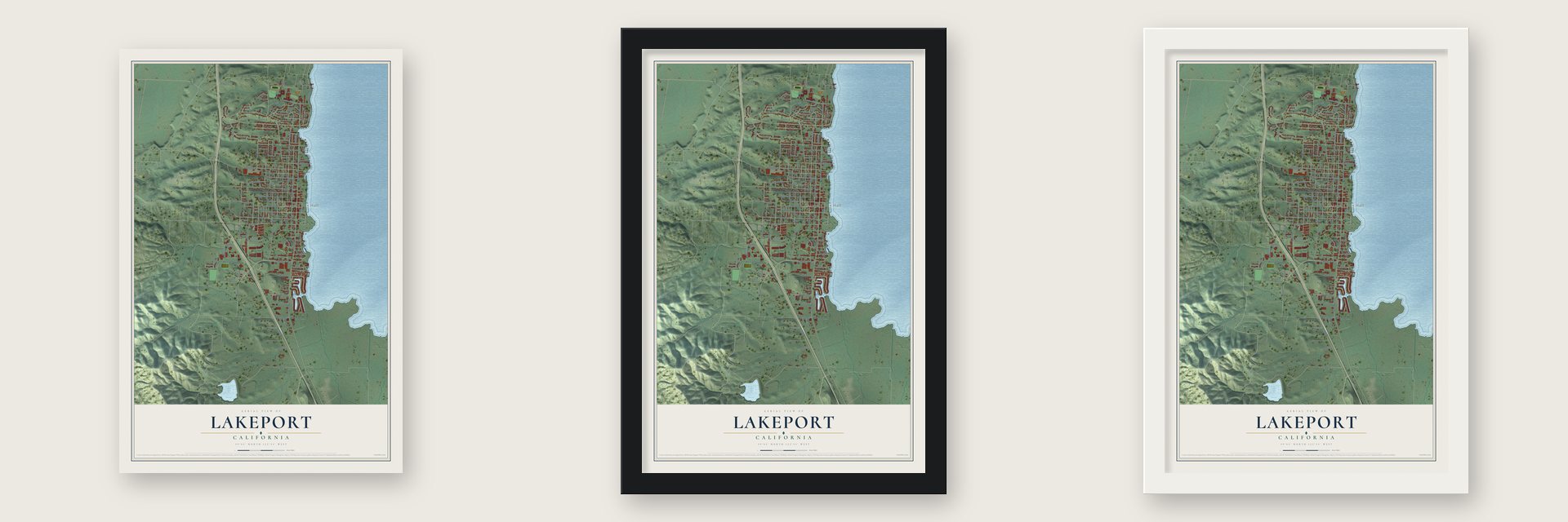 Lakeport, California map unframed, in a black wood frame and in a white wood frame