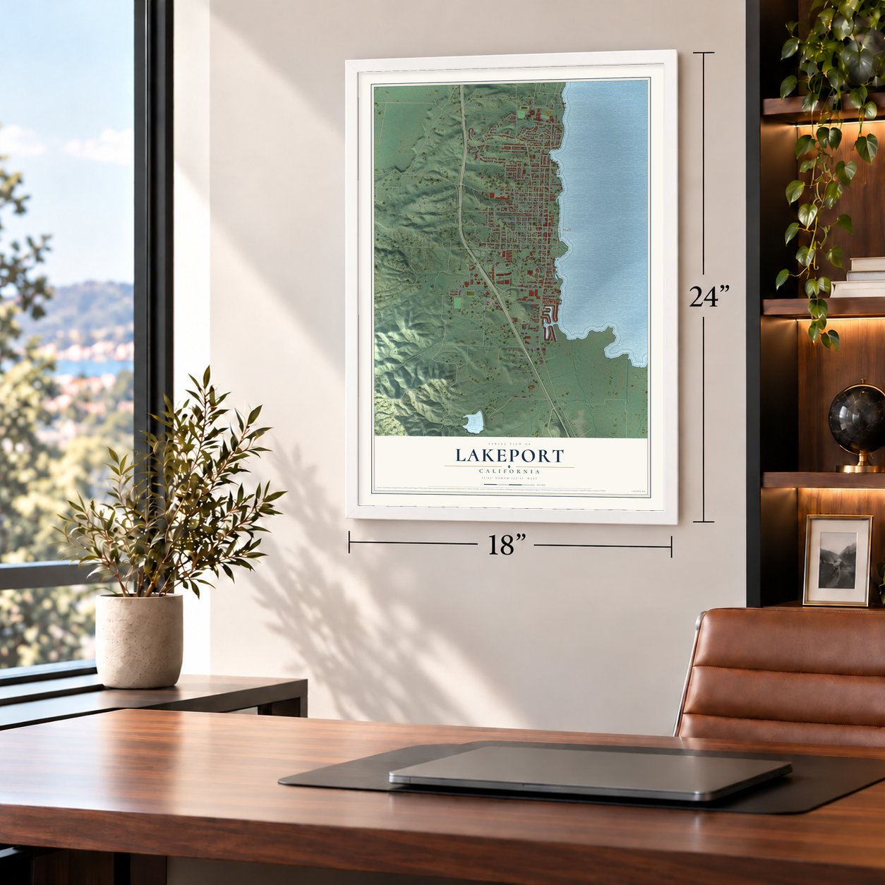 Lakeport, California map, 18 x 24 inch print in a white frame in a home office