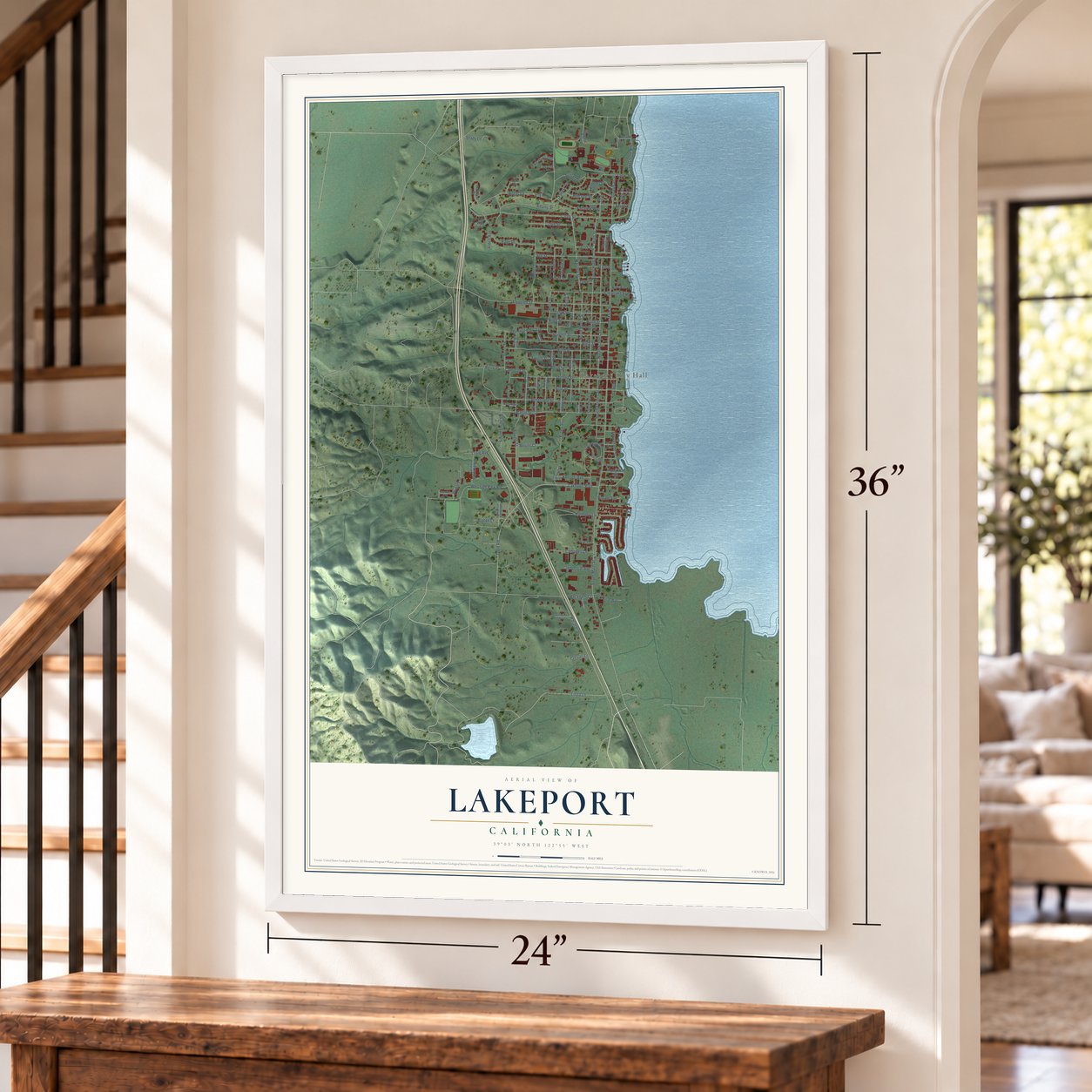 Lakeport, California map, 24 x 36 inch print in a white frame by a staircase