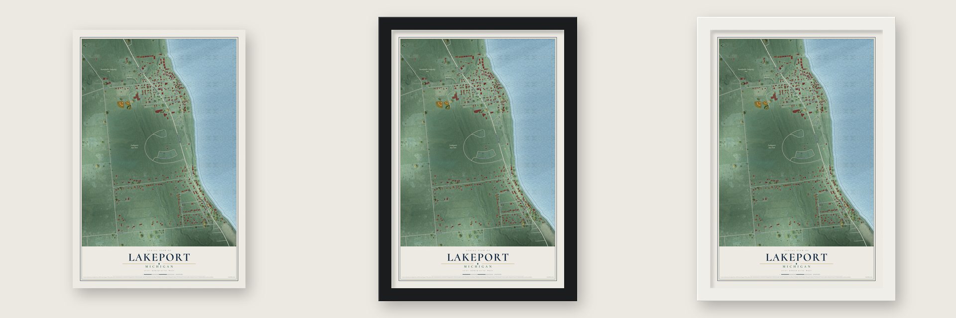 Lakeport, Michigan map unframed, in a black wood frame and in a white wood frame