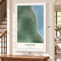 Lakeport, Michigan map, 24 x 36 inch print in a white frame by a staircase
