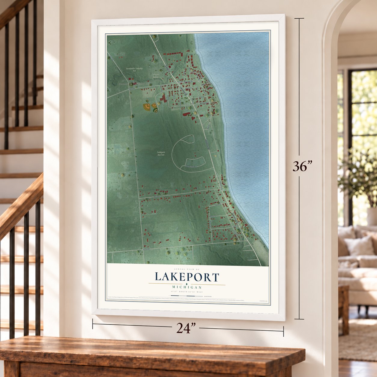 Lakeport, Michigan map, 24 x 36 inch print in a white frame by a staircase