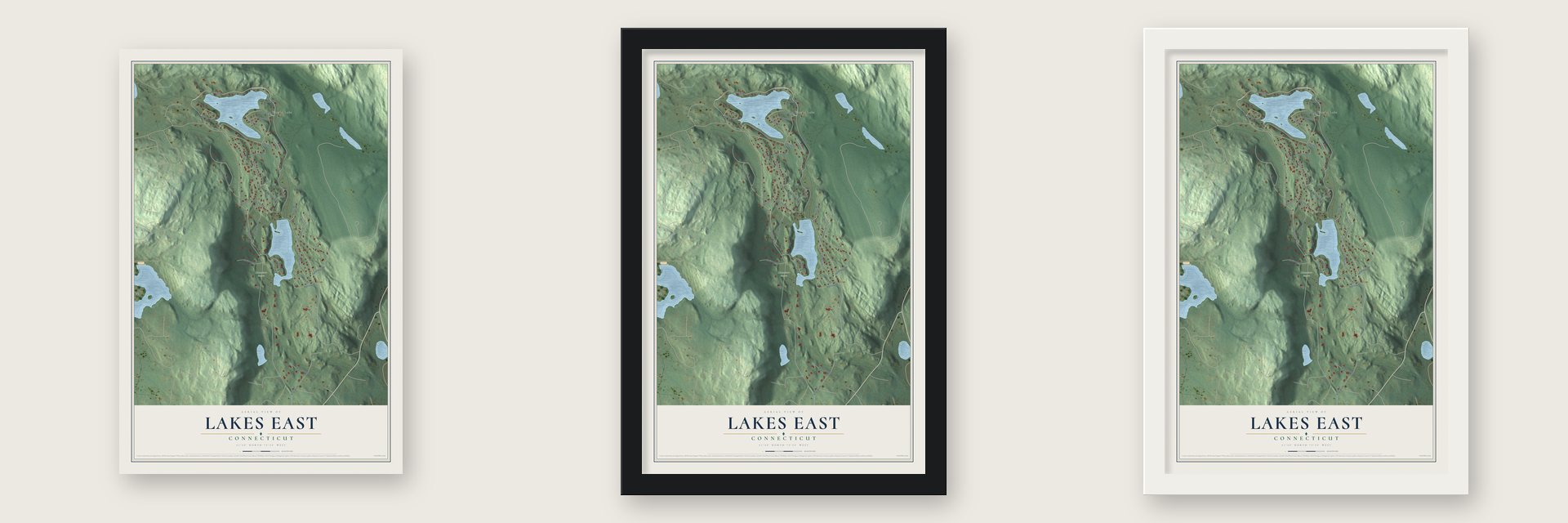 Lakes East, Connecticut map unframed, in a black wood frame and in a white wood frame