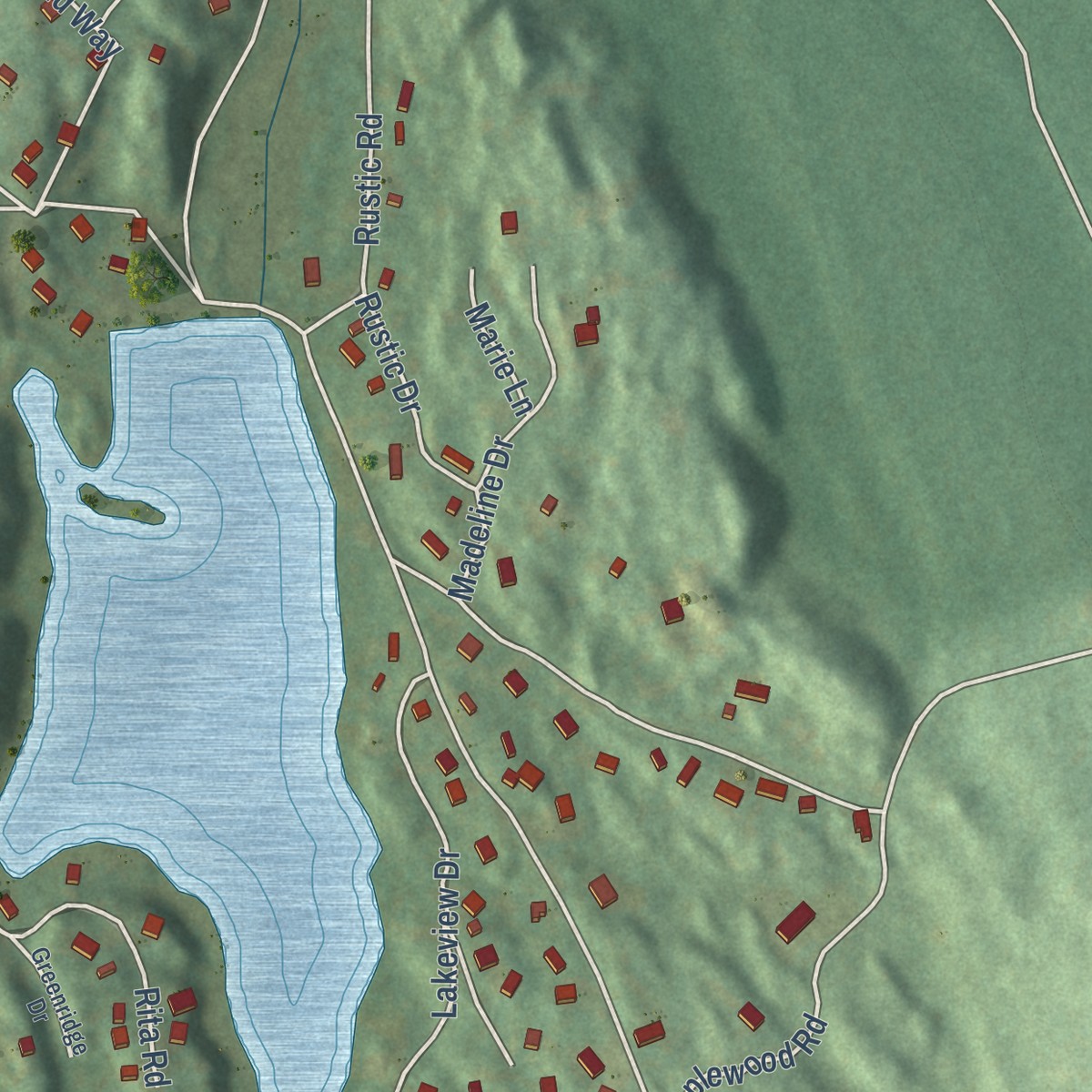 Second close-up of the map of Lakes East, Connecticut print showing more streets and buildings