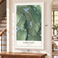 Lakes East, Connecticut map, 24 x 36 inch print in a white frame by a staircase
