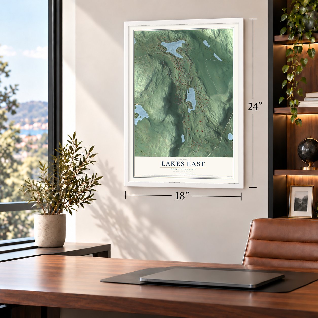 Lakes East, Connecticut map, 18 x 24 inch print in a white frame in a home office