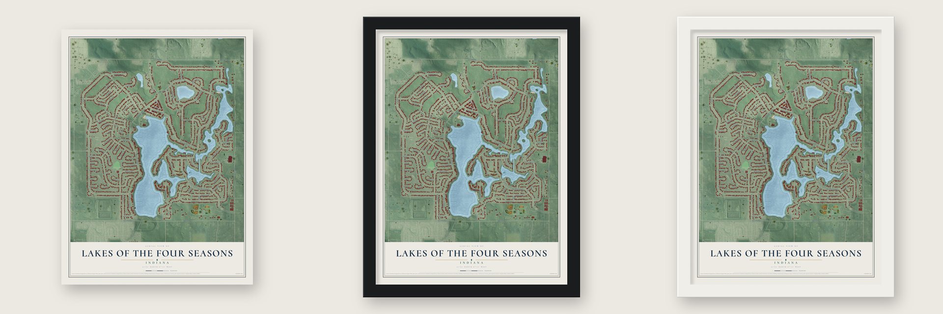 Lakes of the Four Seasons, Indiana map unframed, in a black wood frame and in a white wood frame