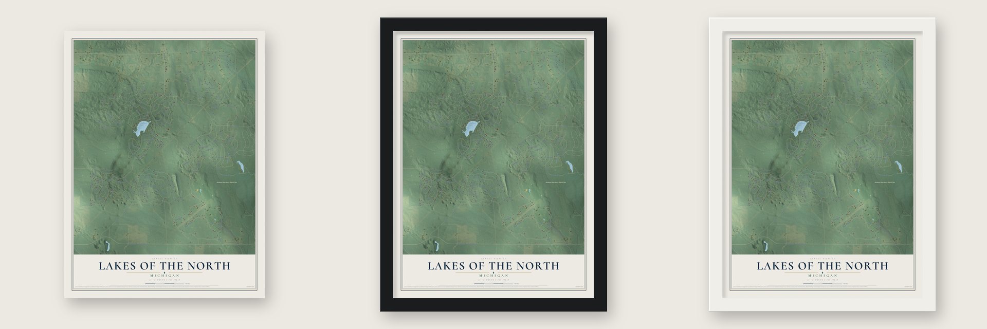 Lakes of the North, Michigan map unframed, in a black wood frame and in a white wood frame