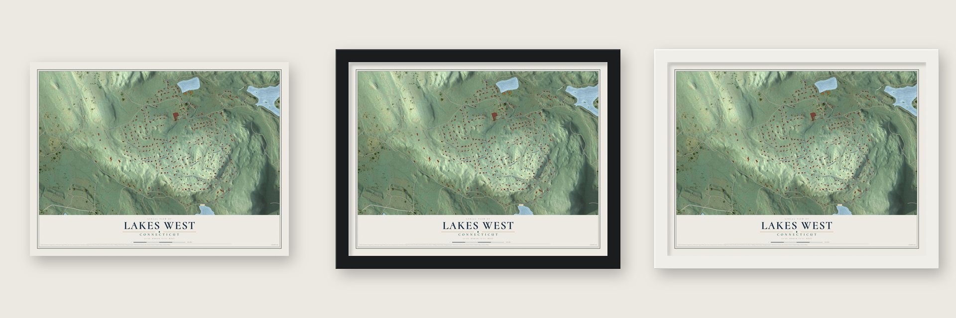 Lakes West, Connecticut map unframed, in a black wood frame and in a white wood frame