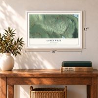 Lakes West, Connecticut map, 12 x 18 inch print in a white frame in an entryway