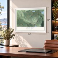 Lakes West, Connecticut map, 18 x 24 inch print in a white frame in a home office