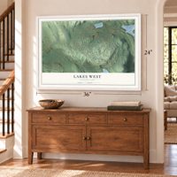 Lakes West, Connecticut map, 24 x 36 inch print in a white frame above a dresser by a staircase