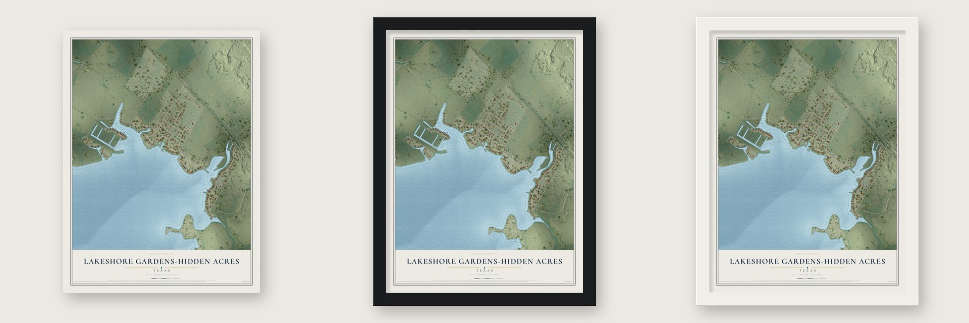 Lakeshore Gardens-Hidden Acres, Texas map unframed, in a black wood frame and in a white wood frame