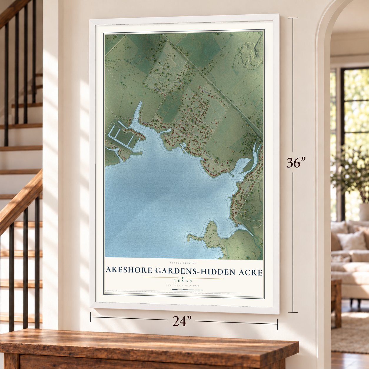 Lakeshore Gardens-Hidden Acres, Texas map, 24 x 36 inch print in a white frame by a staircase