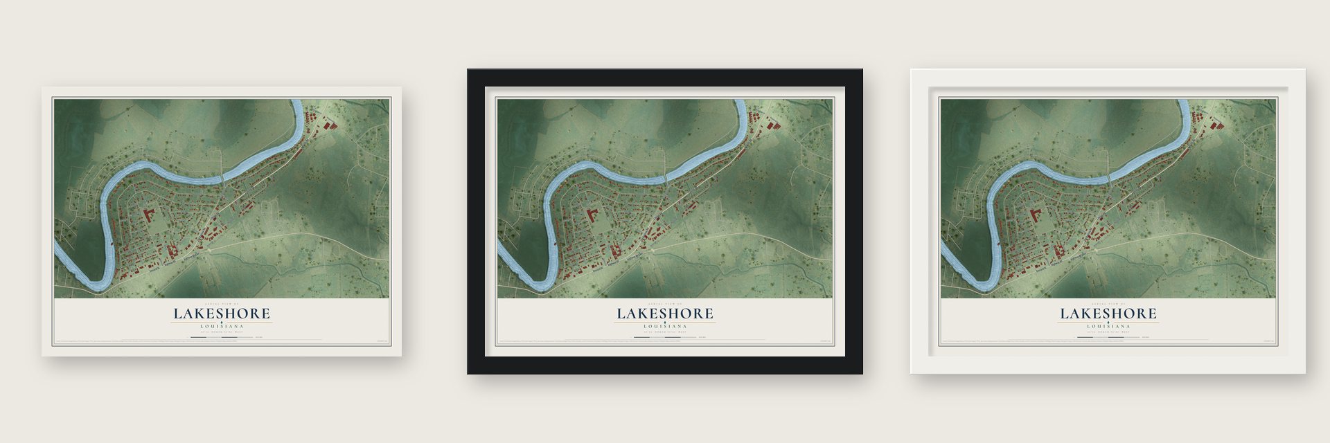 Lakeshore, Louisiana map unframed, in a black wood frame and in a white wood frame