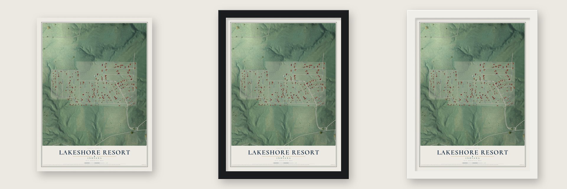 Lakeshore Resort, Indiana map unframed, in a black wood frame and in a white wood frame
