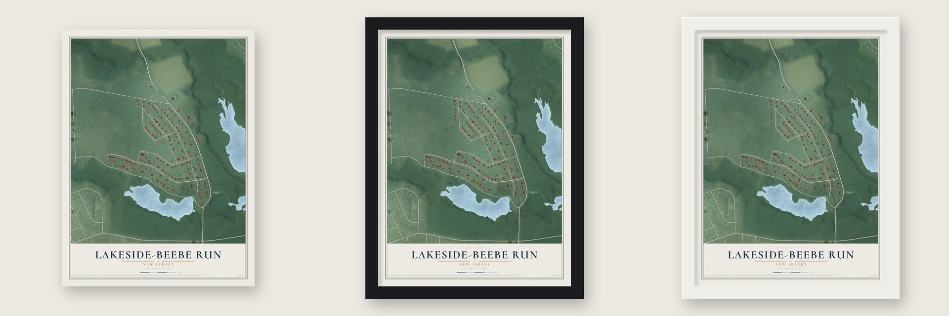 Lakeside-Beebe Run, New Jersey map unframed, in a black wood frame and in a white wood frame