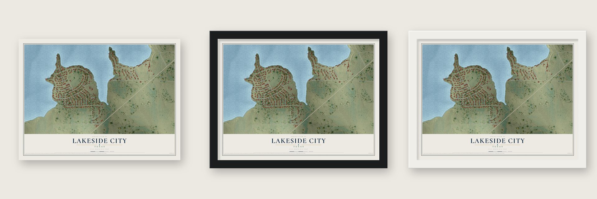 Lakeside City, Texas map unframed, in a black wood frame and in a white wood frame