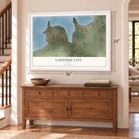 Lakeside City, Texas map, 24 x 36 inch print in a white frame above a dresser by a staircase