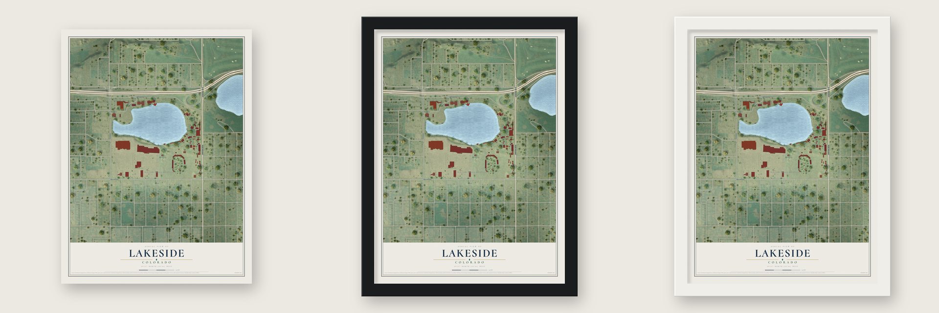 Lakeside, Colorado map unframed, in a black wood frame and in a white wood frame