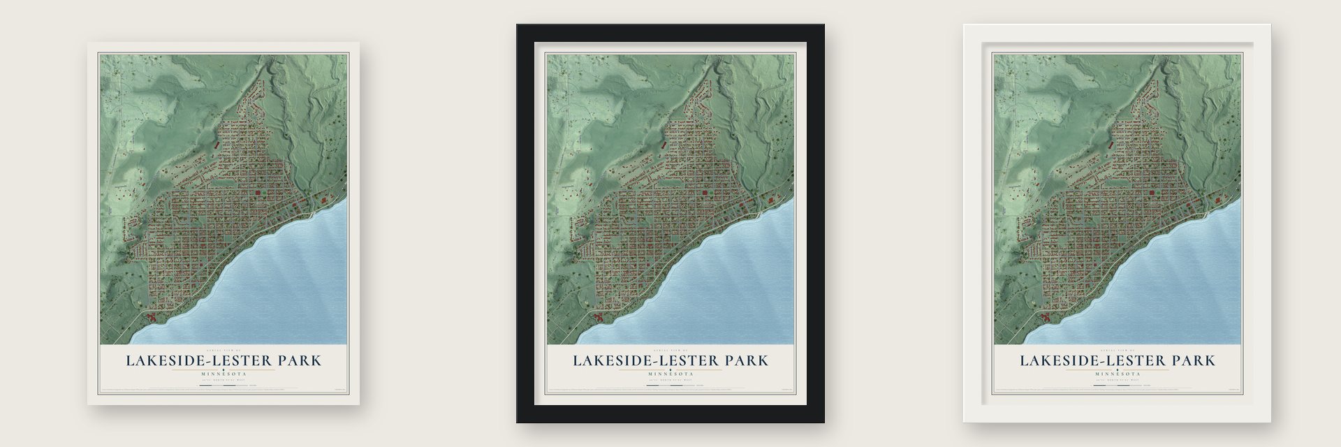 Lakeside-Lester Park, Minnesota map unframed, in a black wood frame and in a white wood frame