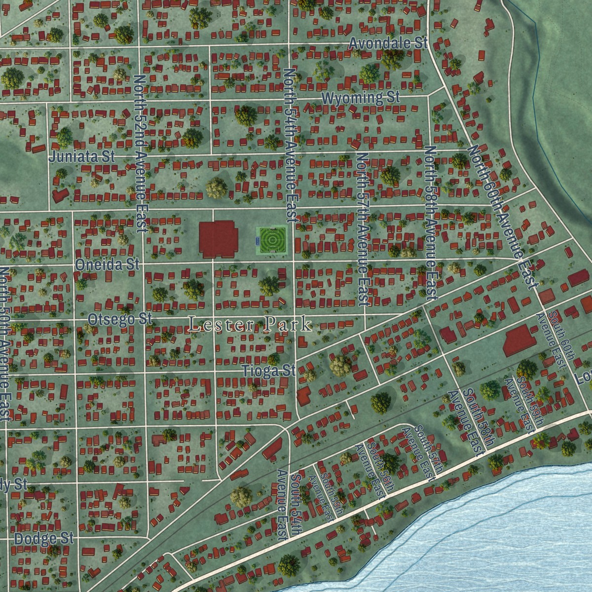 Second close-up of the map of Lakeside-Lester Park, Minnesota print showing more streets and buildings