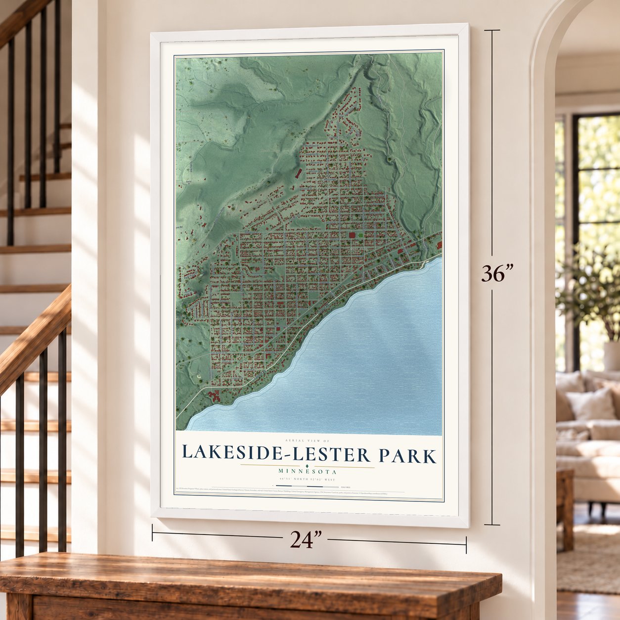 Lakeside-Lester Park, Minnesota map, 24 x 36 inch print in a white frame by a staircase