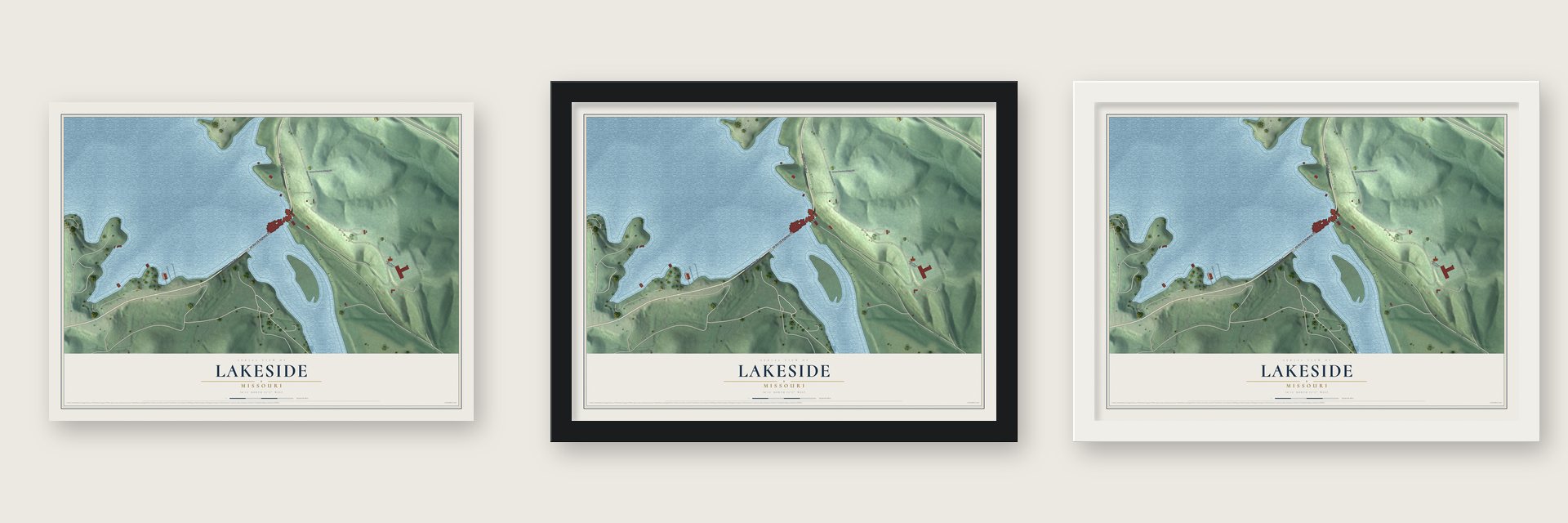Lakeside, Missouri map unframed, in a black wood frame and in a white wood frame