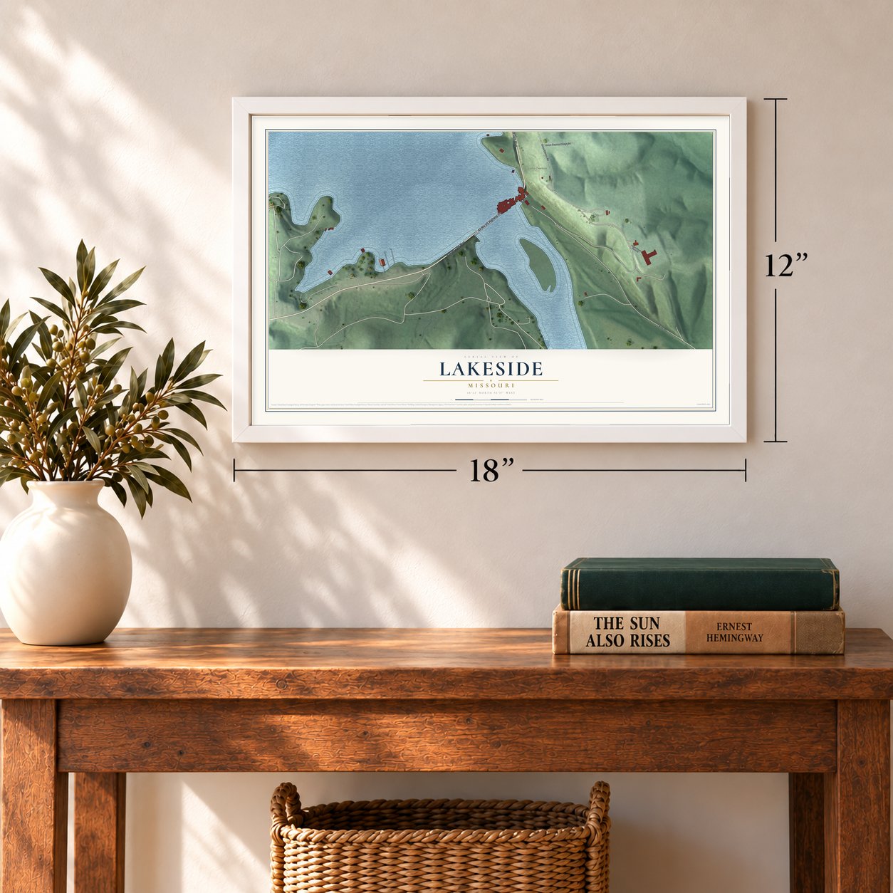 Lakeside, Missouri map, 12 x 18 inch print in a white frame in an entryway