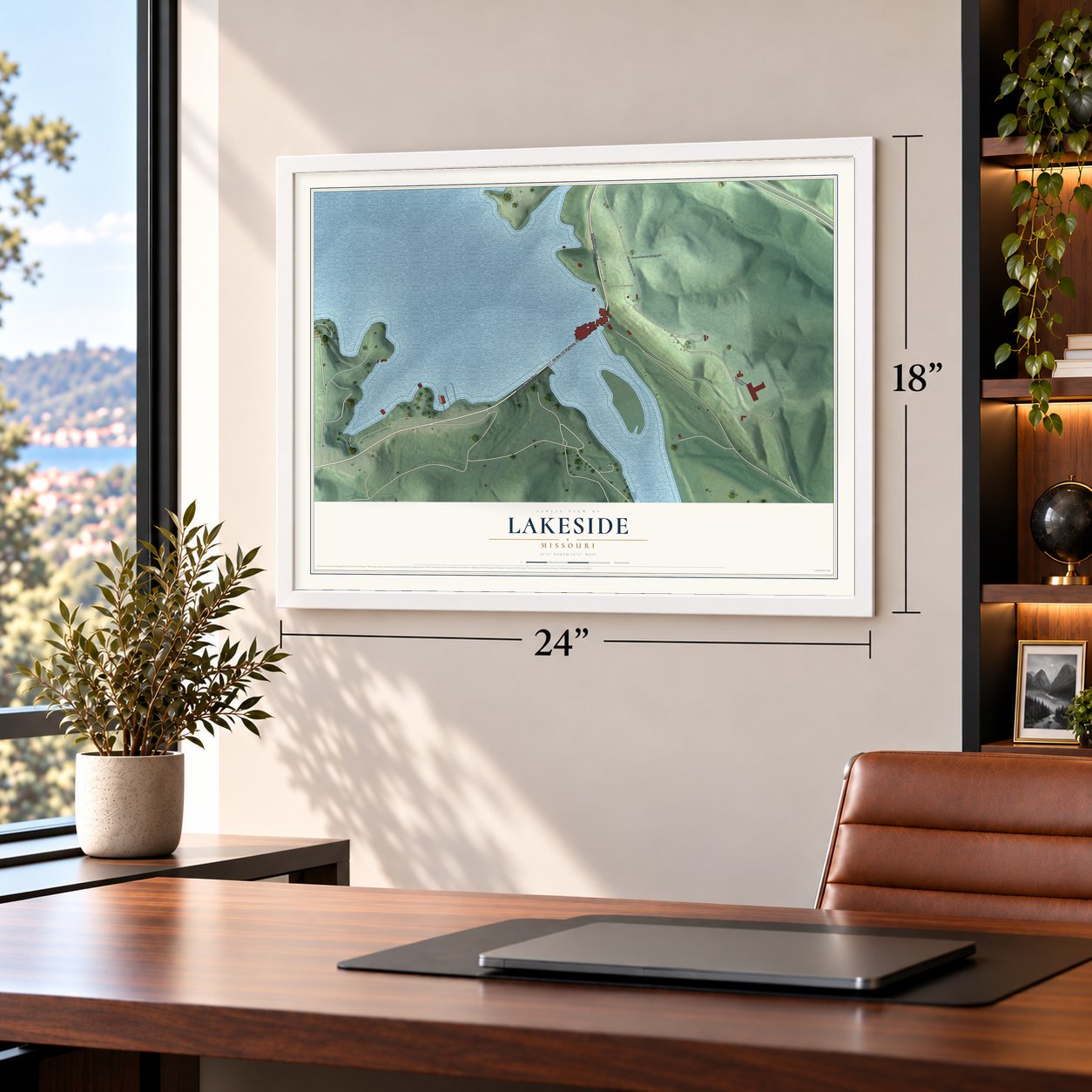Lakeside, Missouri map, 18 x 24 inch print in a white frame in a home office