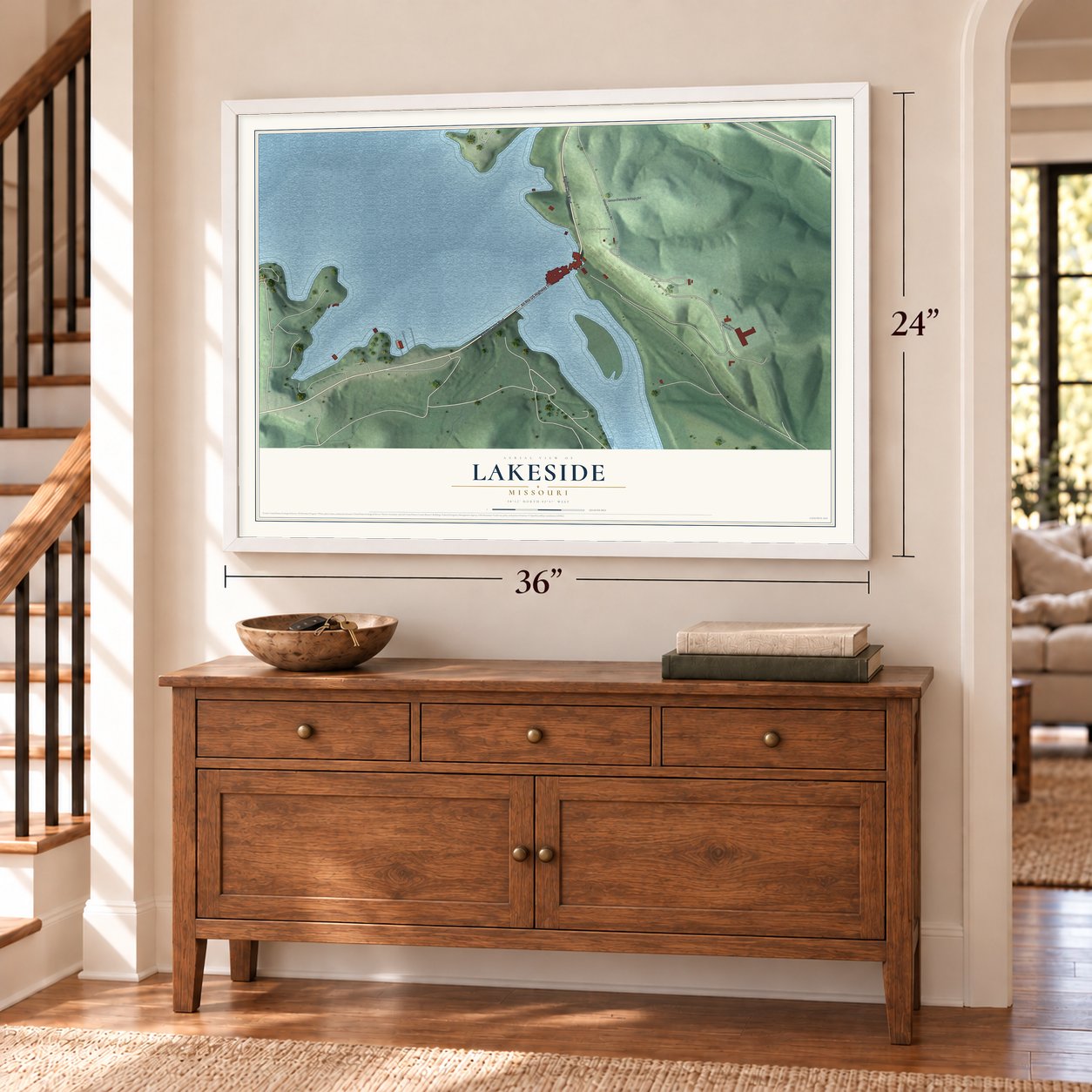Lakeside, Missouri map, 24 x 36 inch print in a white frame above a dresser by a staircase