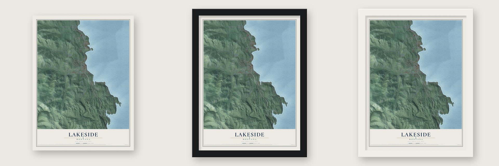 Lakeside, Montana map unframed, in a black wood frame and in a white wood frame