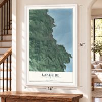 Lakeside, Montana map, 24 x 36 inch print in a white frame by a staircase