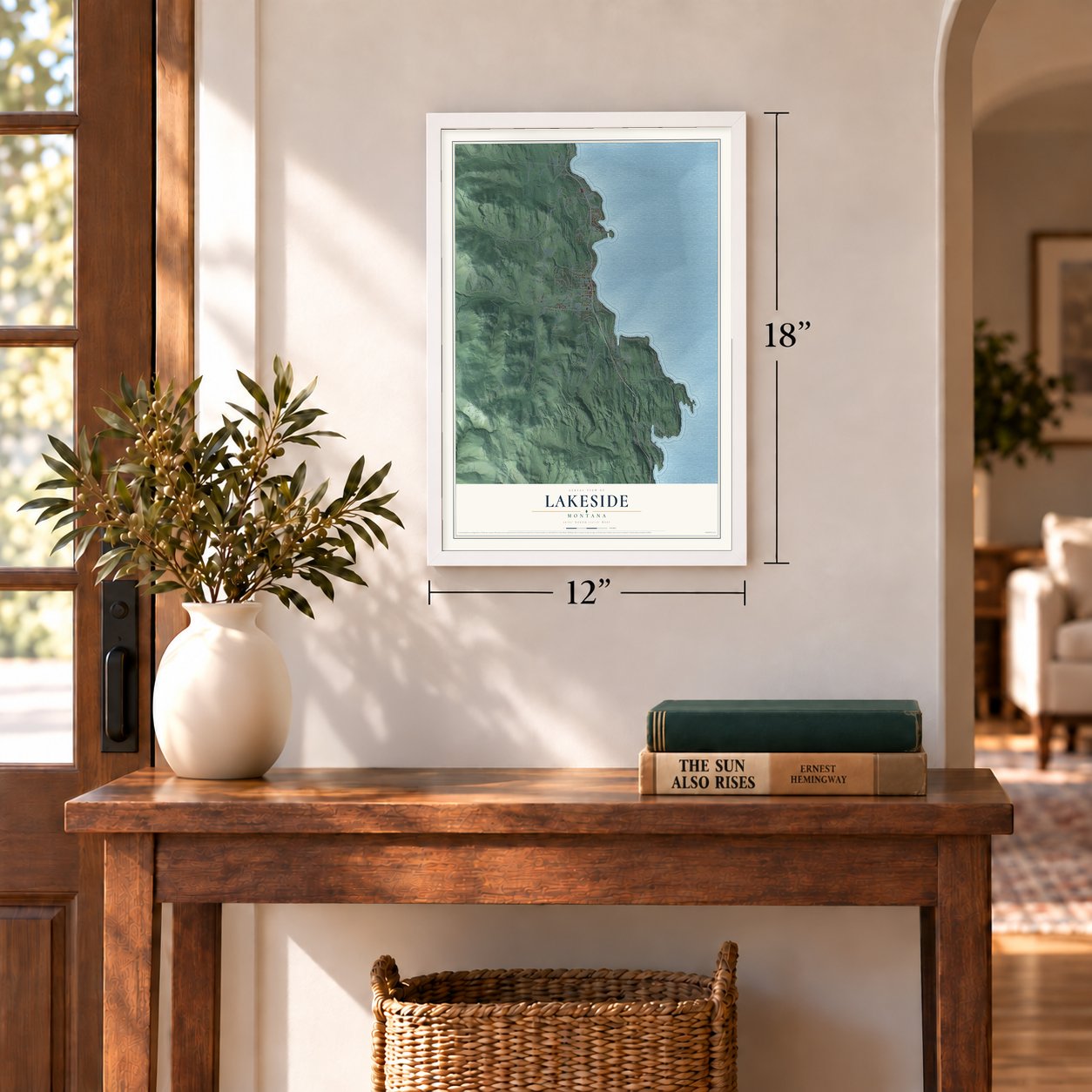 Lakeside, Montana map, 12 x 18 inch print in a white frame in an entryway
