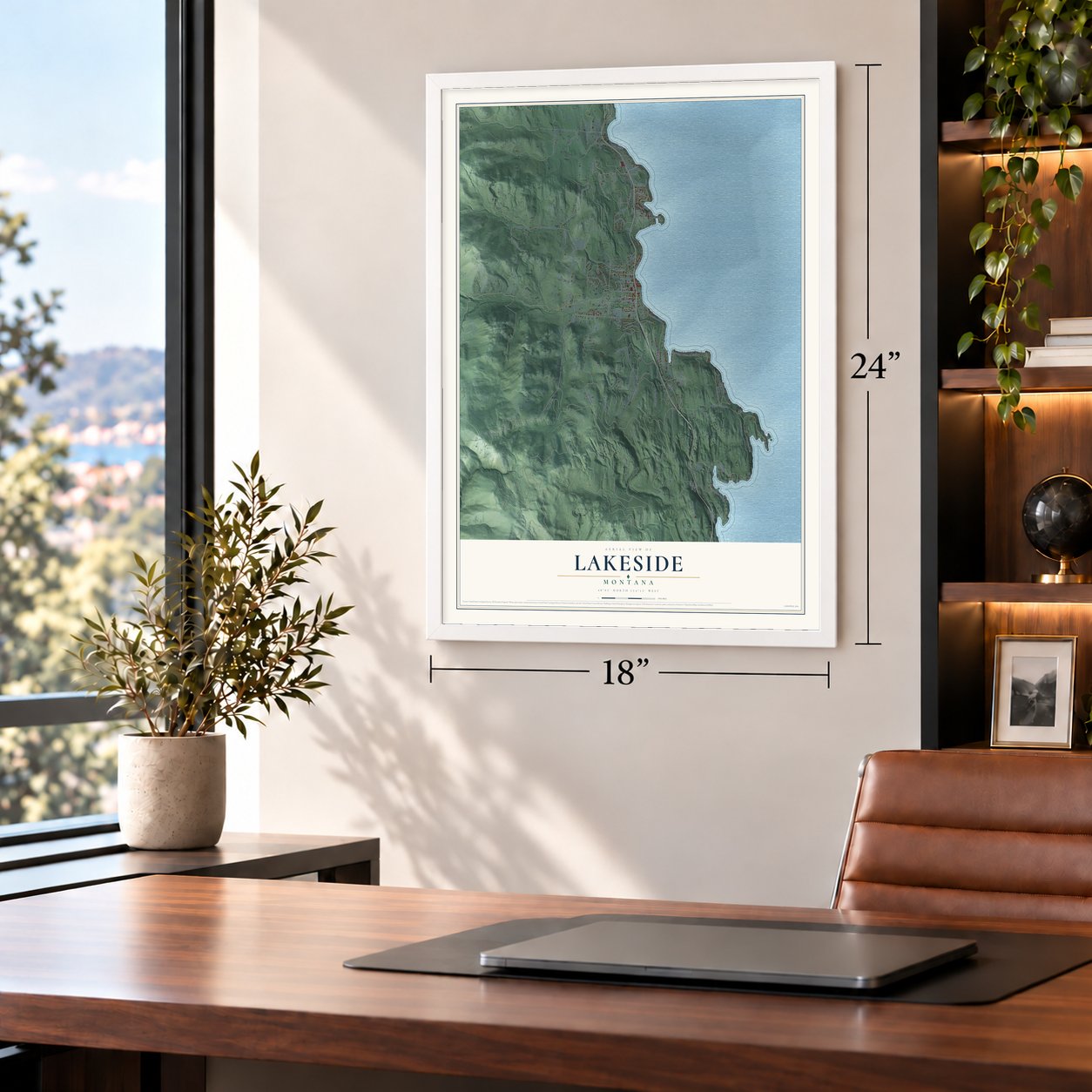 Lakeside, Montana map, 18 x 24 inch print in a white frame in a home office