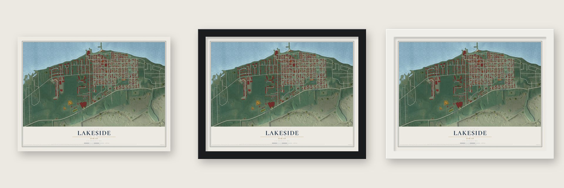 Lakeside, Ohio map unframed, in a black wood frame and in a white wood frame