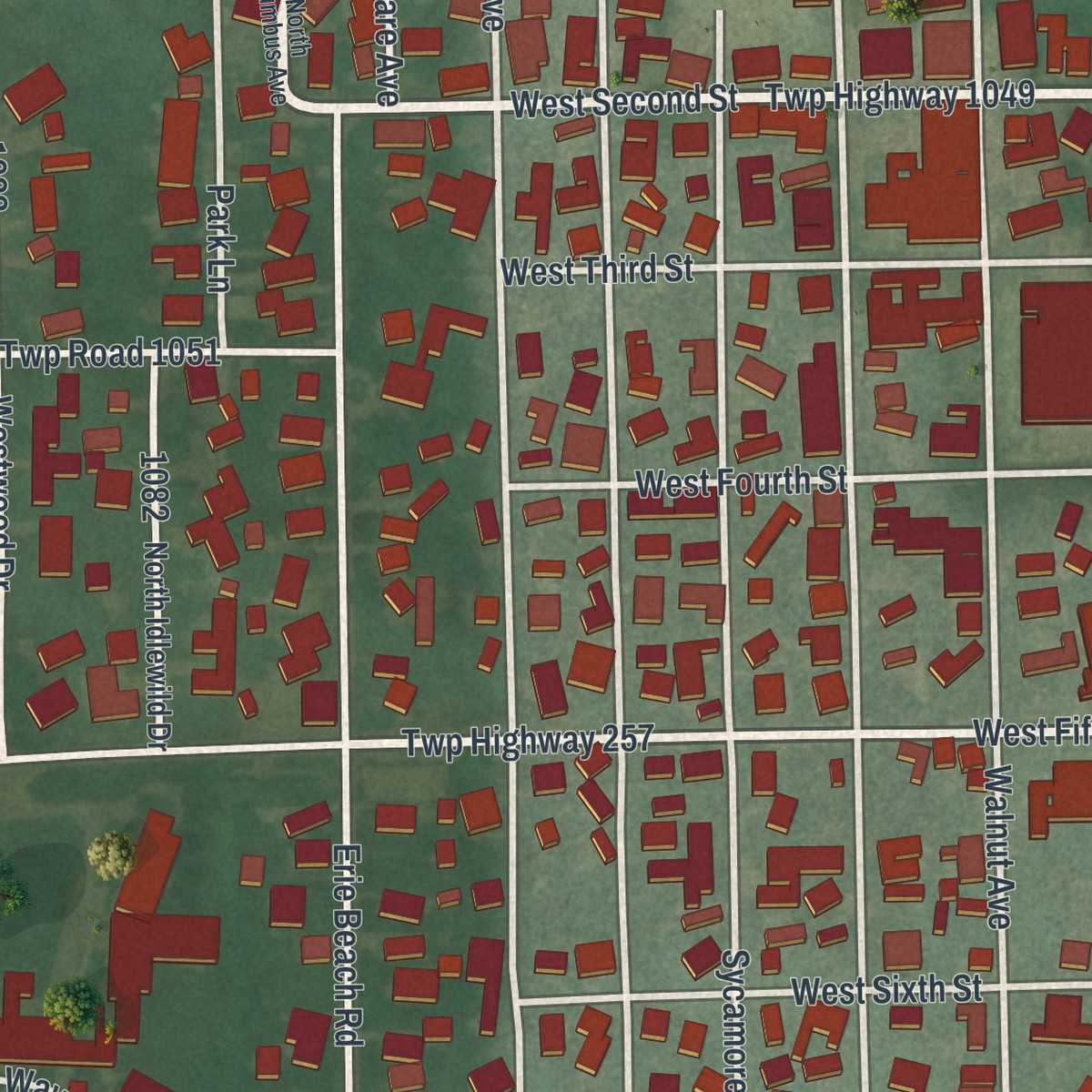 Second close-up of the map of Lakeside, Ohio print showing more streets and buildings