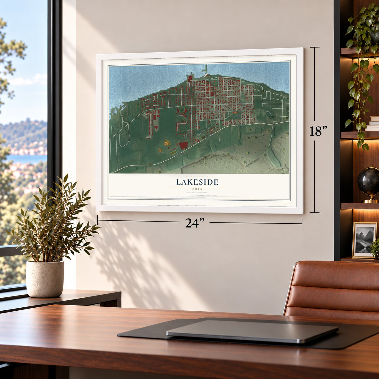 Lakeside, Ohio map, 18 x 24 inch print in a white frame in a home office