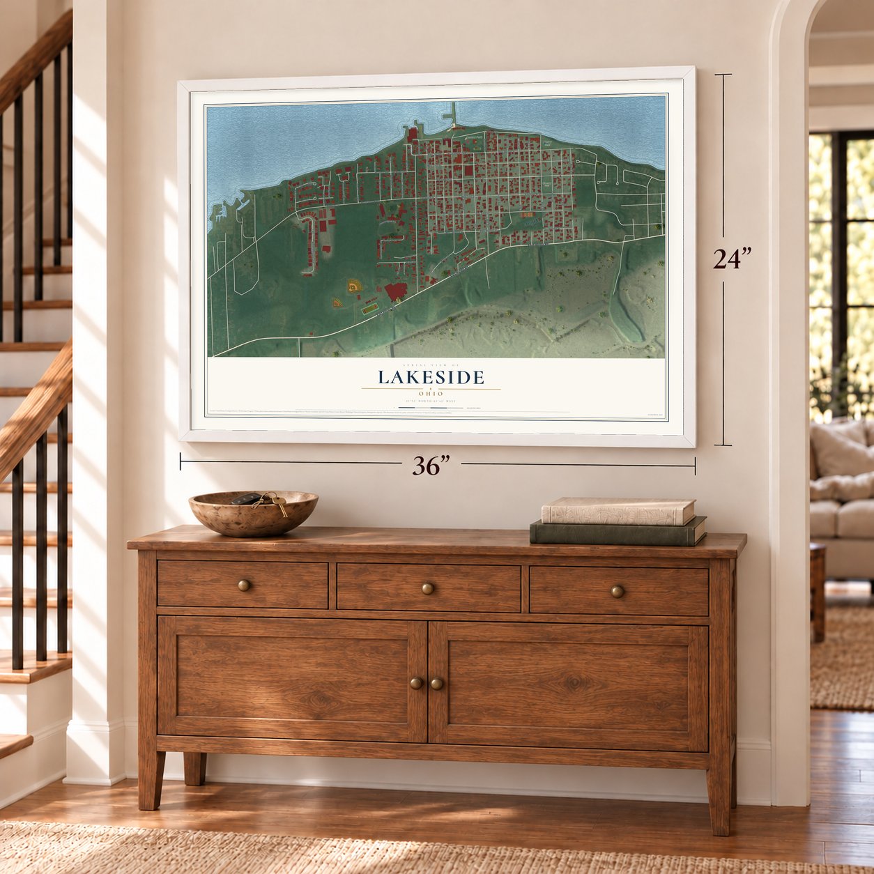 Lakeside, Ohio map, 24 x 36 inch print in a white frame above a dresser by a staircase