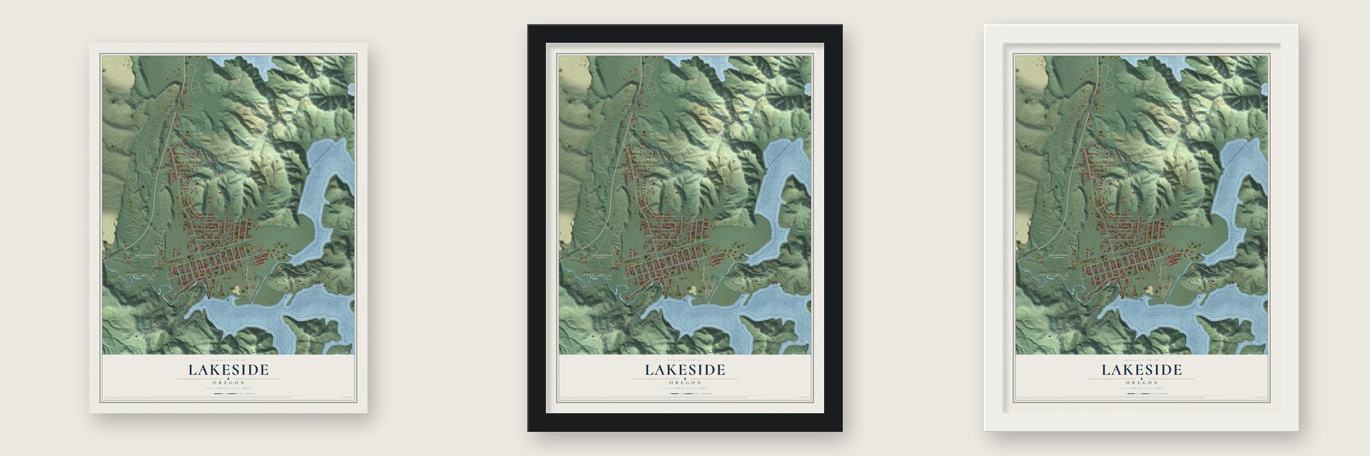 Lakeside, Oregon map unframed, in a black wood frame and in a white wood frame
