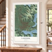 Lakeside, Oregon map, 24 x 36 inch print in a white frame by a staircase