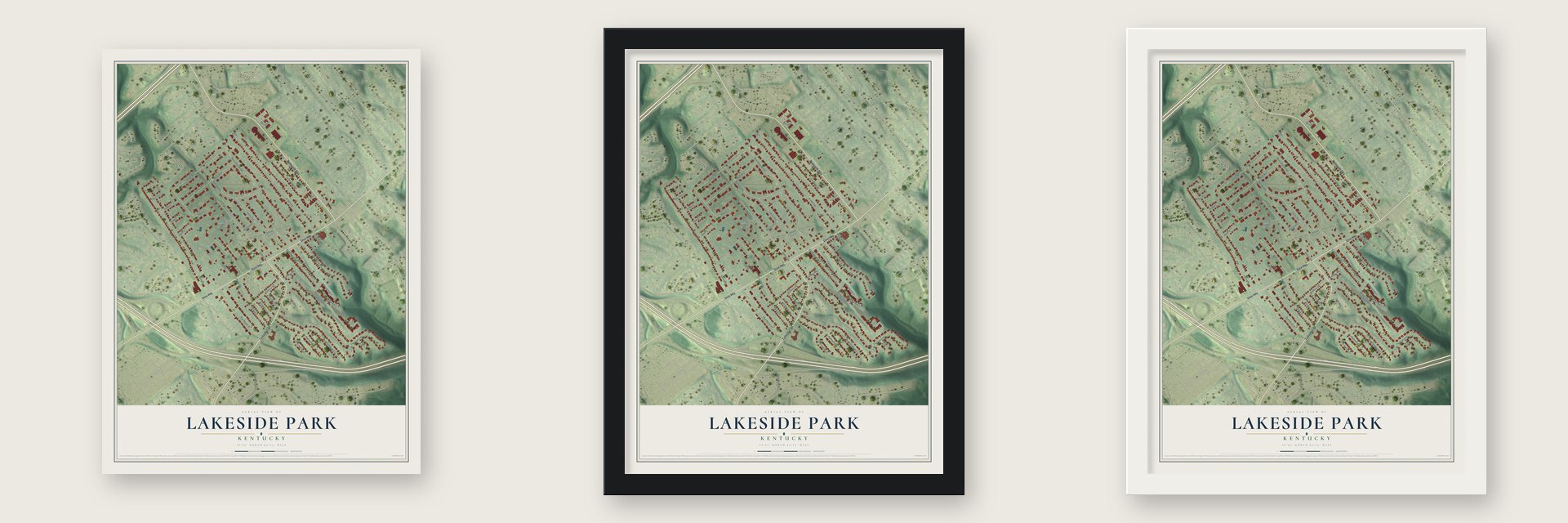 Lakeside Park, Kentucky map unframed, in a black wood frame and in a white wood frame