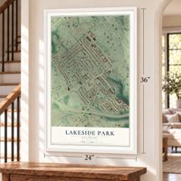 Lakeside Park, Kentucky map, 24 x 36 inch print in a white frame by a staircase