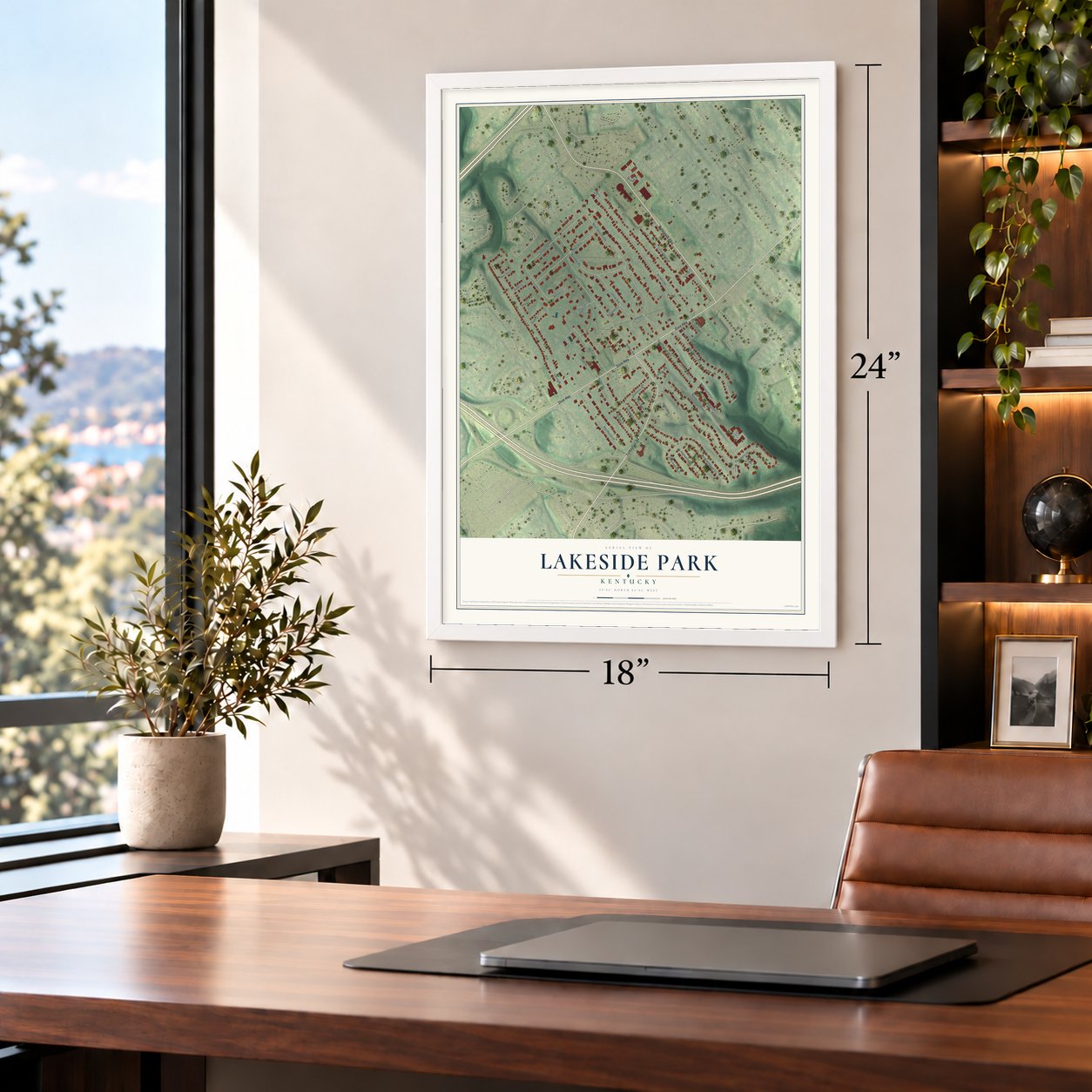 Lakeside Park, Kentucky map, 18 x 24 inch print in a white frame in a home office