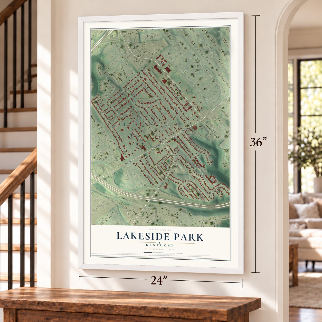 Lakeside Park, Kentucky map, 24 x 36 inch print in a white frame by a staircase