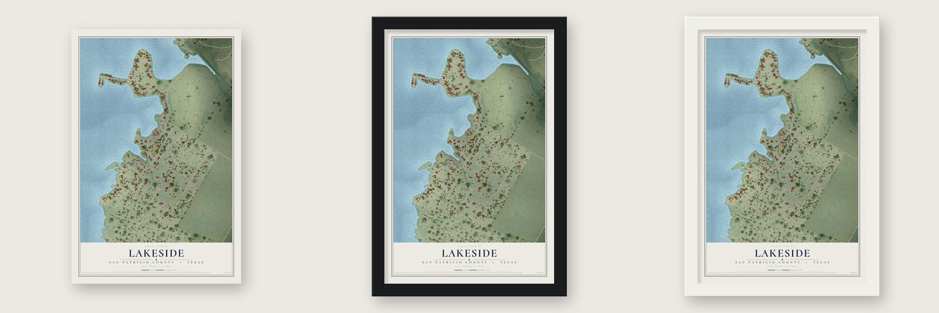 Lakeside, San Patricio County, Texas map unframed, in a black wood frame and in a white wood frame