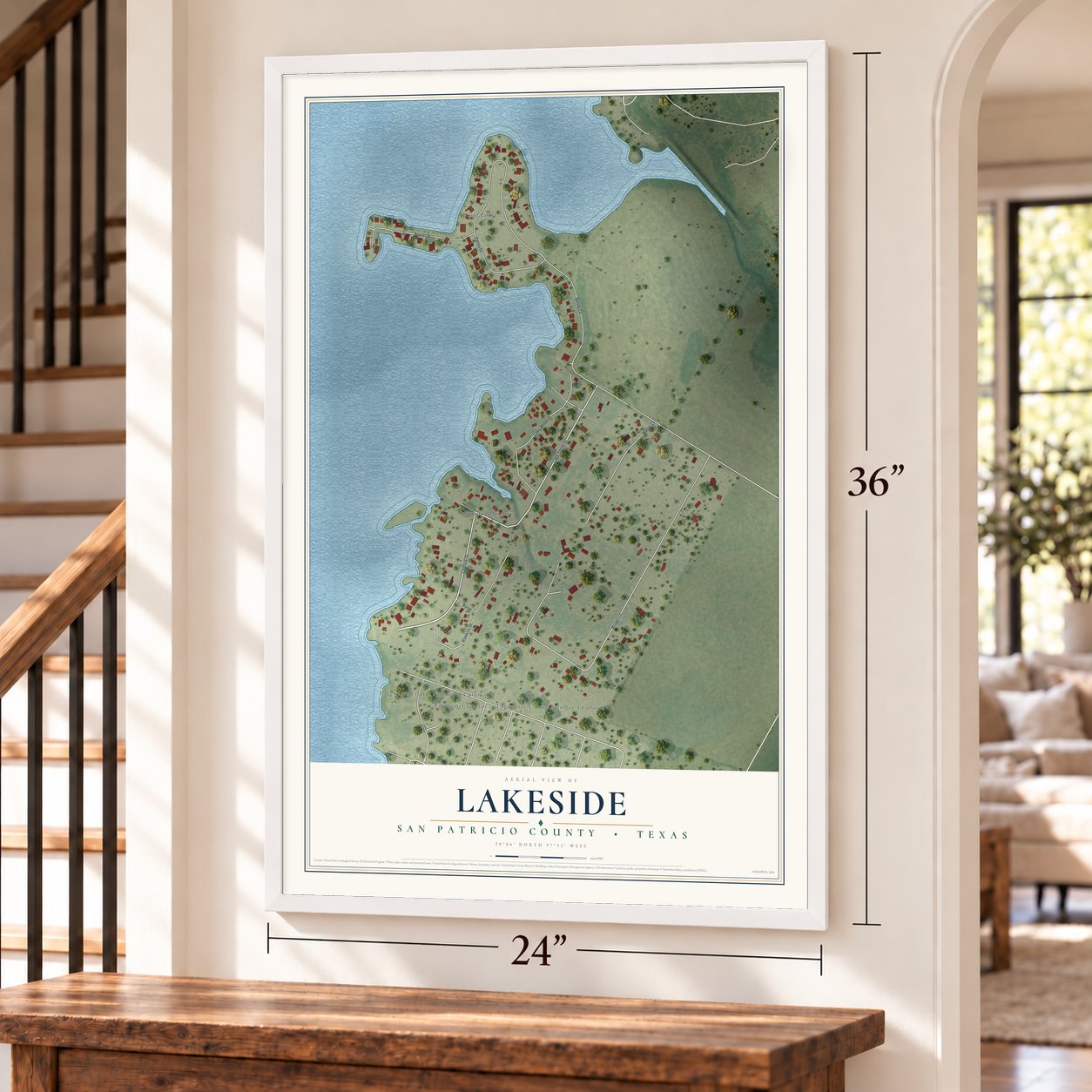 Lakeside, San Patricio County, Texas map, 24 x 36 inch print in a white frame by a staircase