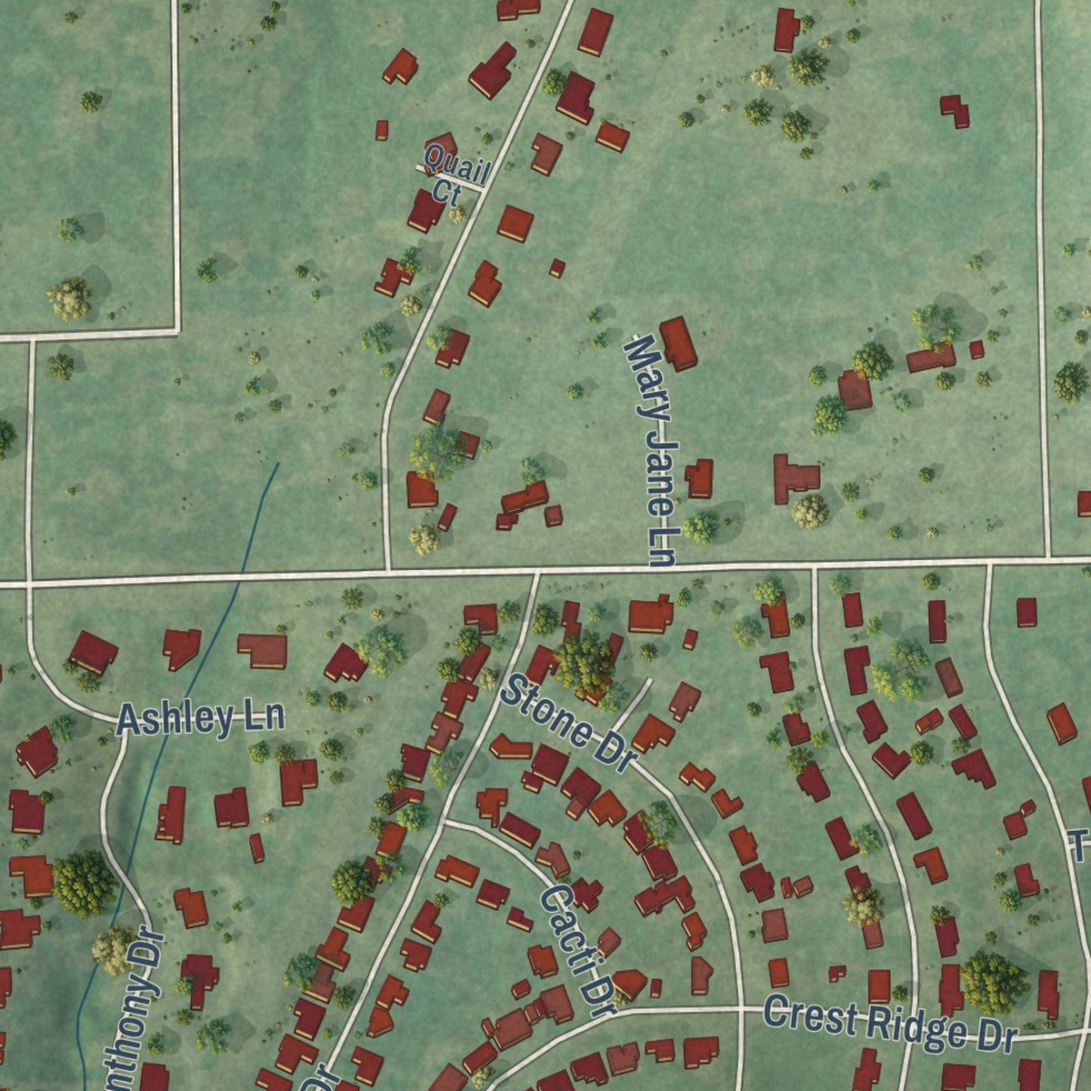 Second close-up of the map of Lakeside, Tarrant County, Texas print showing more streets and buildings