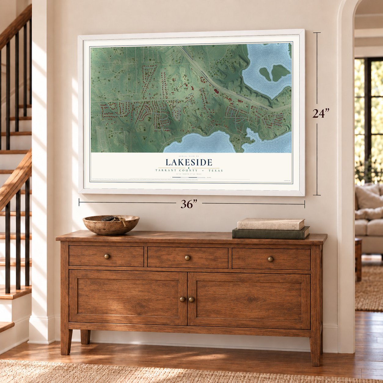 Lakeside, Tarrant County, Texas map, 24 x 36 inch print in a white frame above a dresser by a staircase