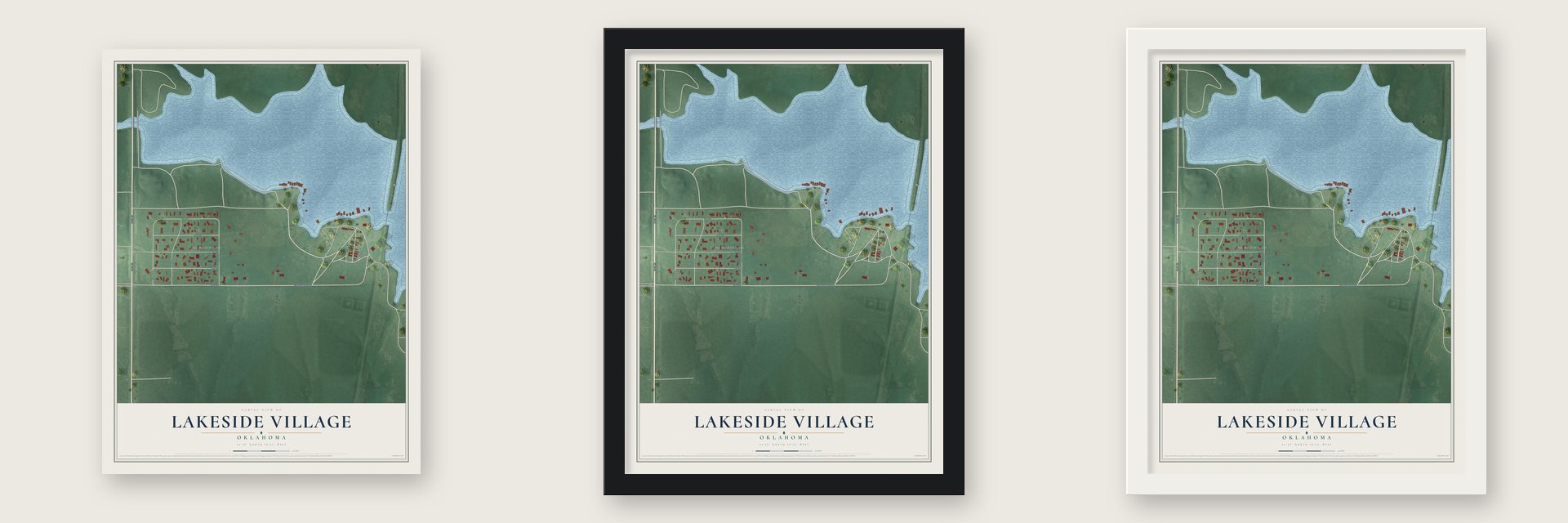 Lakeside Village, Oklahoma map unframed, in a black wood frame and in a white wood frame